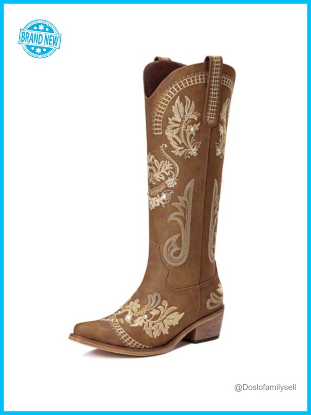 Women's Knee High Cowboy Boots Embroidered Rhinestone Pointed Toe Zip Western